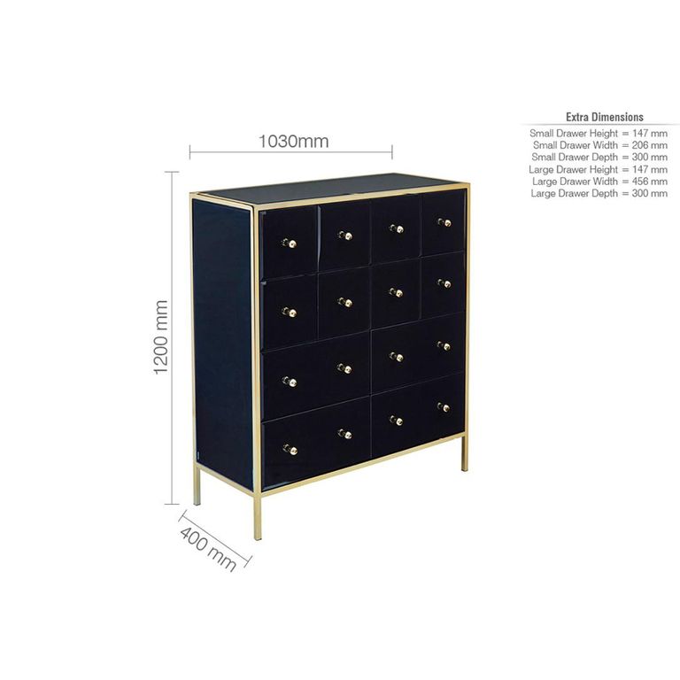 Fenwick Chest - Multi Drawer - Black Glass - Gold Trim