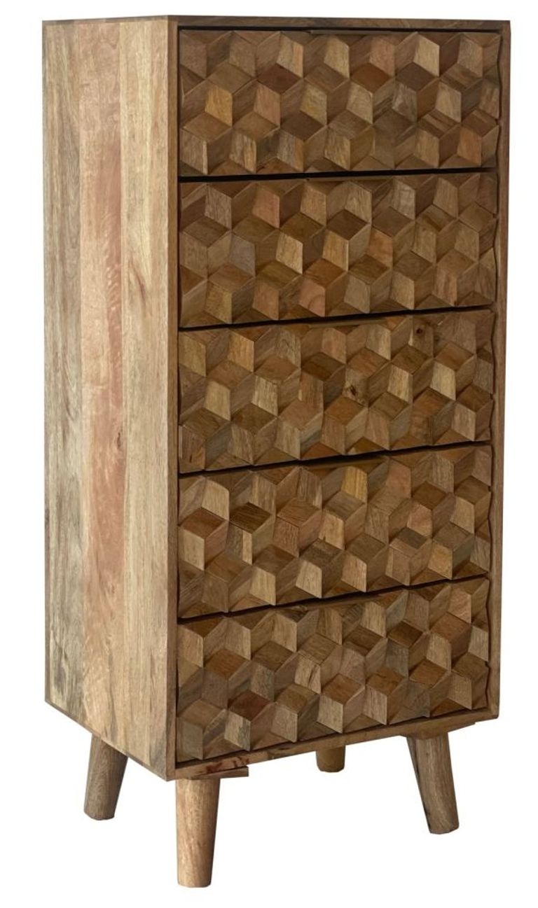 Geometric Carved Mango Wood 5 Drawer Narrow Chest
