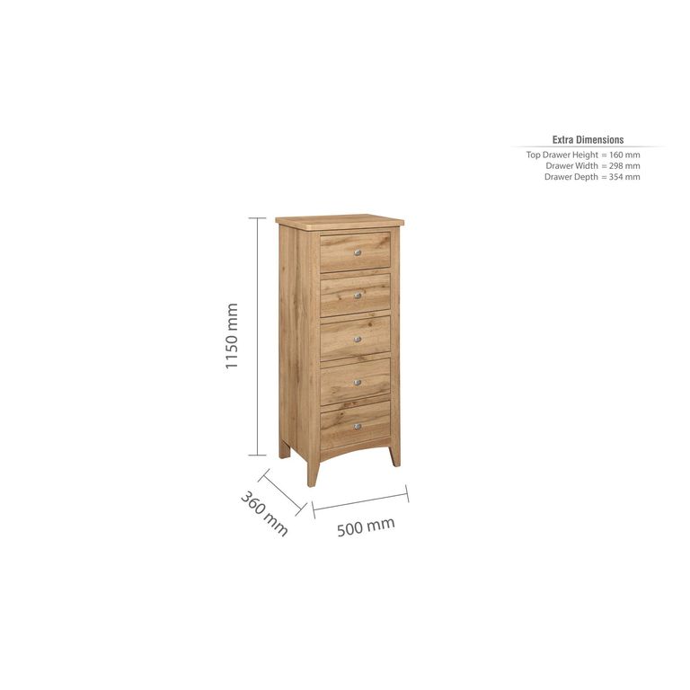 Hampstead Tall Chest - 5 Drawer - Rustic Oak 
