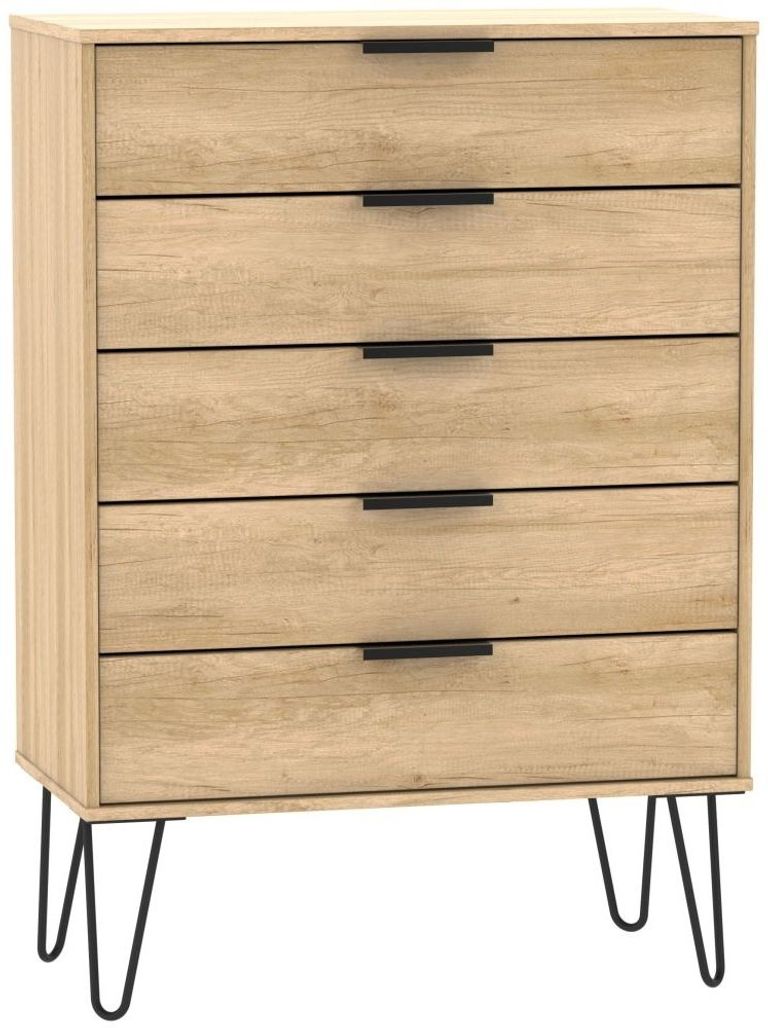 Hong Kong Oak Effect 5 Drawer Chest with Hairpin Legs