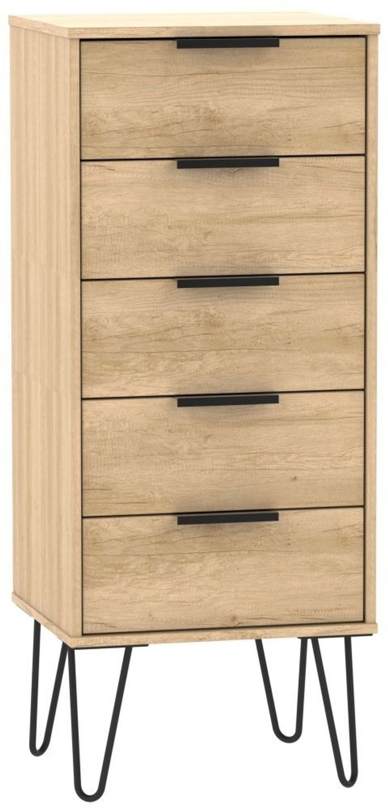 Hong Kong Oak Effect 5 Drawer Narrow Chest with Hairpin Legs