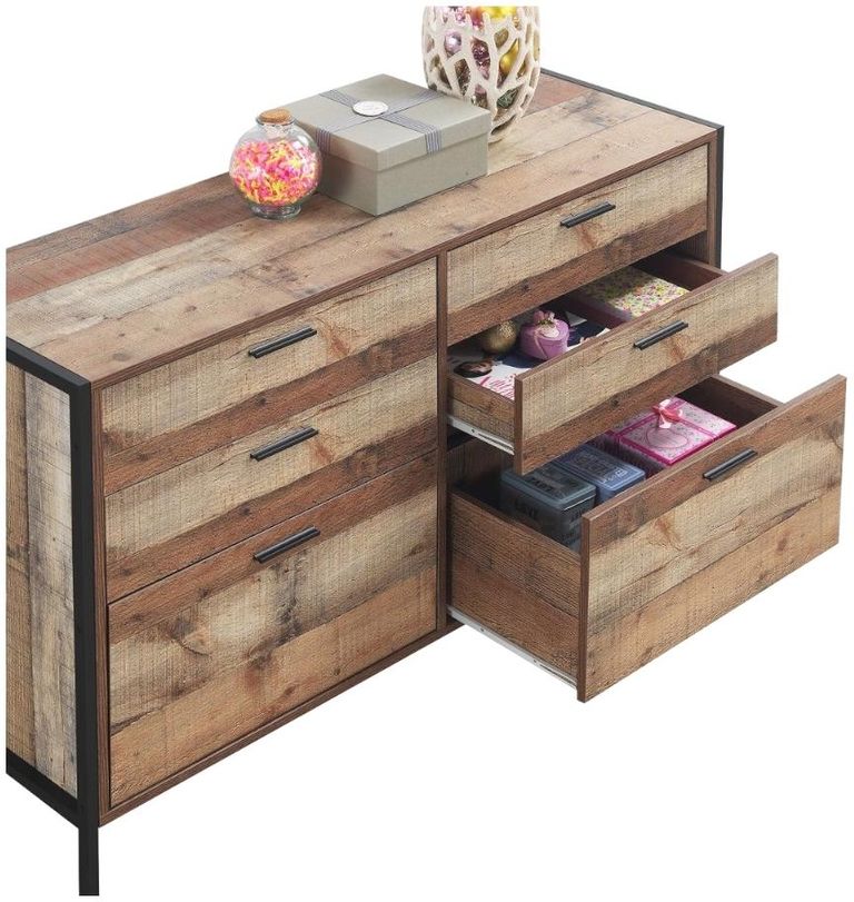 Industrial Rustic Oak Effect 6 Drawer Wide Chest