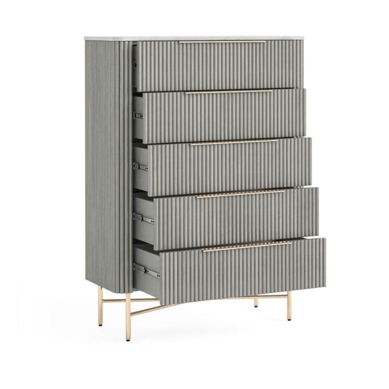 Isabella Grey Chest - 5 Drawer Fluted - White Marble Top