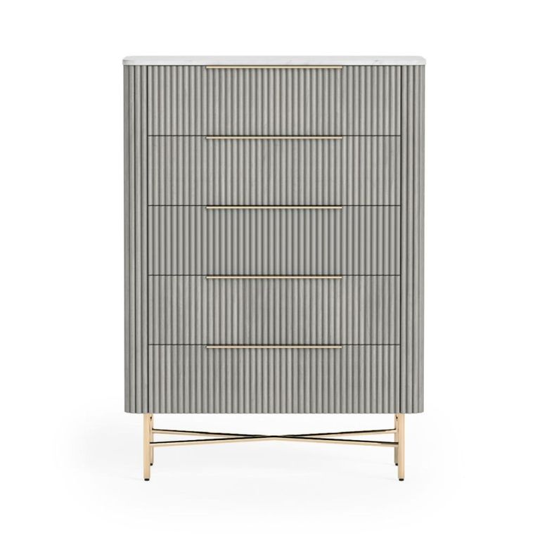 Isabella Grey Chest - 5 Drawer Fluted - White Marble Top