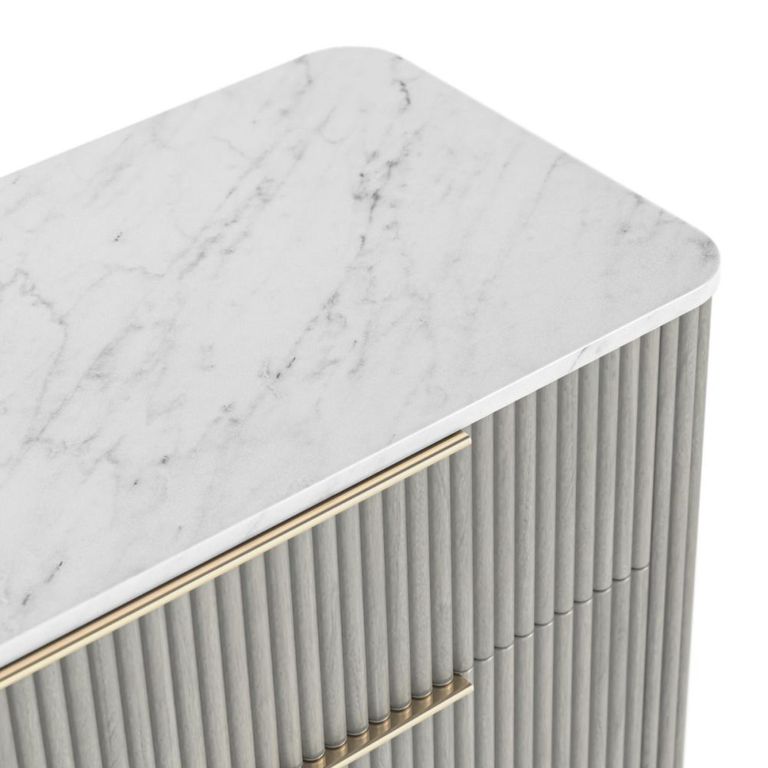Isabella Grey Chest - 5 Drawer Fluted - White Marble Top