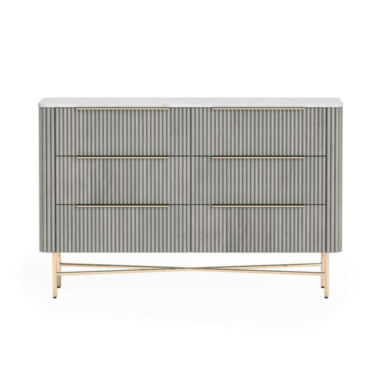 Isabella Grey Chest - 6 Drawer Wide Fluted - White Marble Top