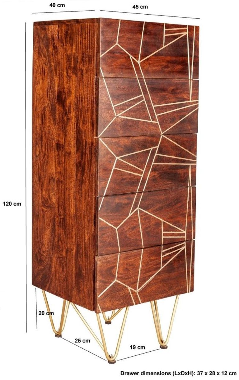 Kaza Dark Mango Wood Narrow 5 Drawer Chest - Hairpin Legs with Gold Geometric Inlay