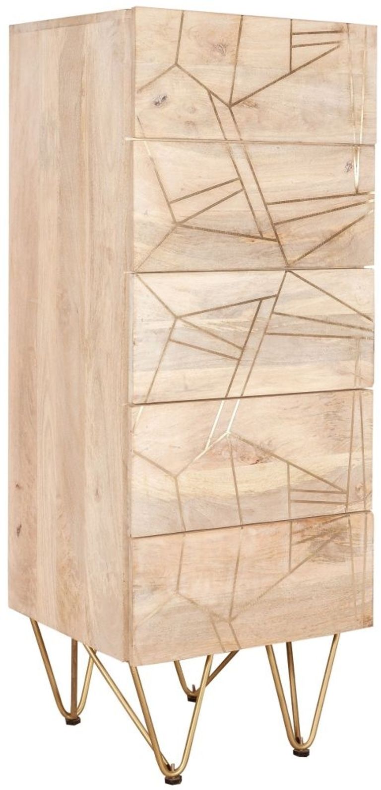 Kaza Light Mango Wood 5 Drawer Narrow Chest - Hairpin Legs with Gold Geometric Inlay