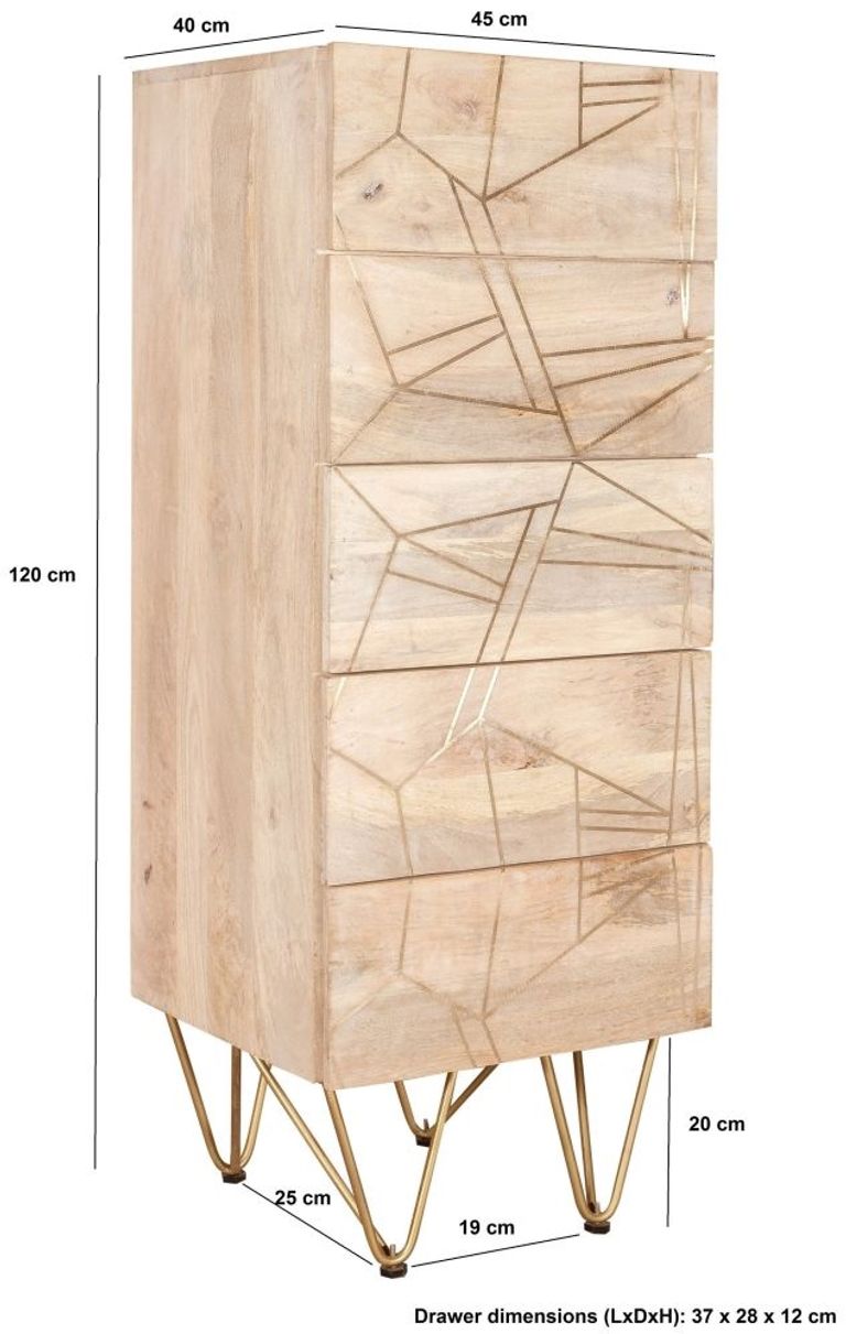 Kaza Light Mango Wood 5 Drawer Narrow Chest - Hairpin Legs with Gold Geometric Inlay