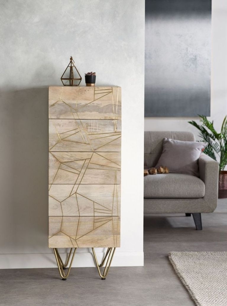 Kaza Light Mango Wood 5 Drawer Narrow Chest - Hairpin Legs with Gold Geometric Inlay
