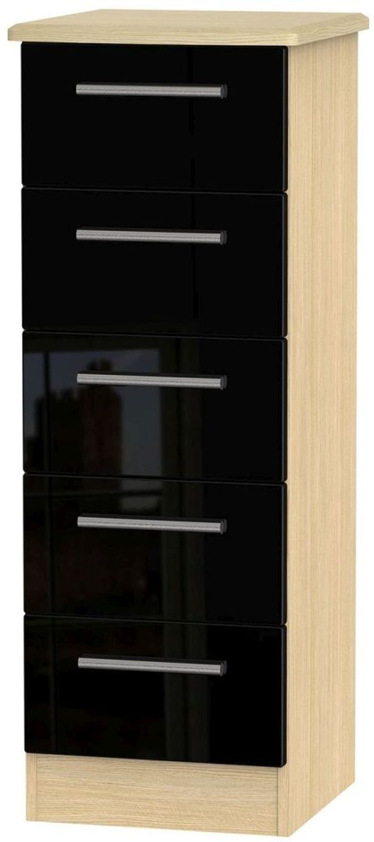 Knightsbridge Black Gloss and Light Oak 5 Drawer Narrow Chest