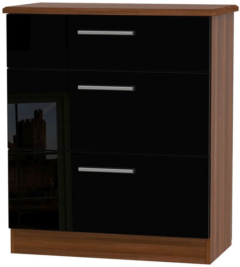 Knightsbridge Black Gloss and Walnut Effect 3 Drawer Deep Chest