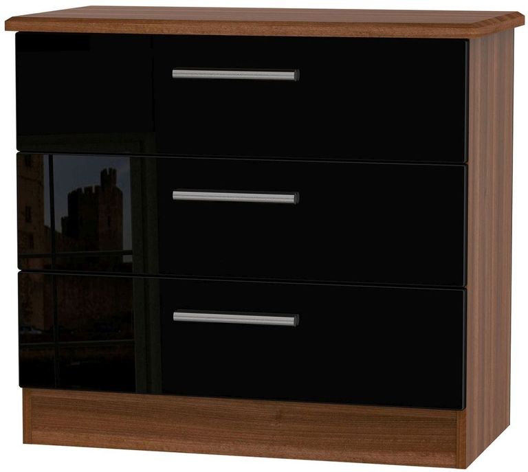 Knightsbridge Black Gloss and Walnut Effect 3 Drawer Small Chest