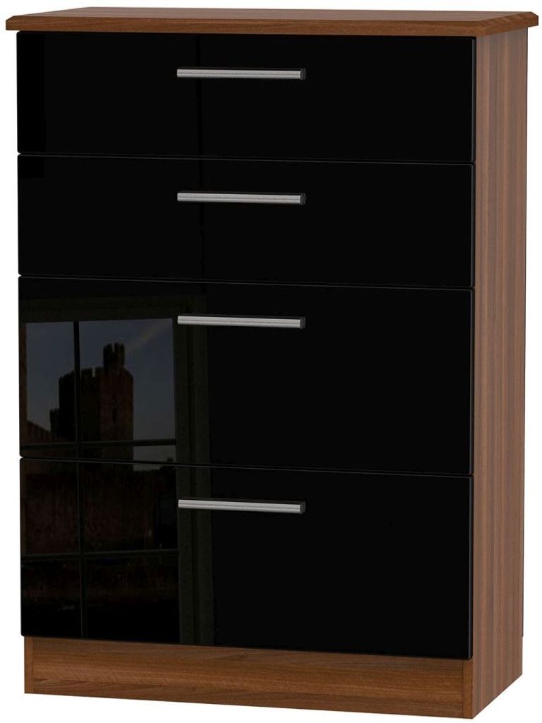 Knightsbridge Black Gloss and Walnut Effect 4 Drawer Deep Chest