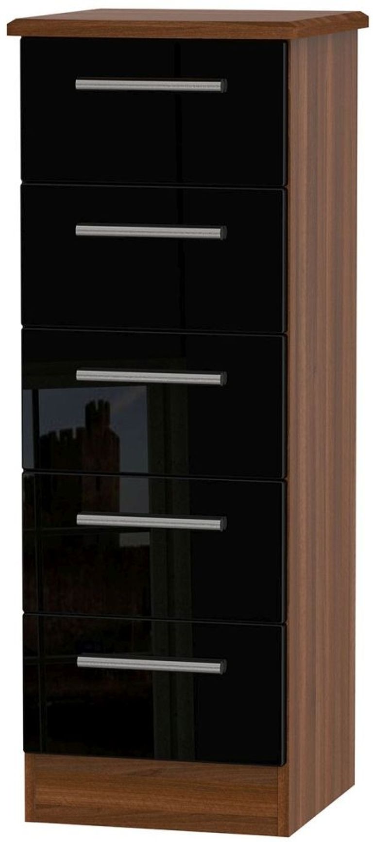 Knightsbridge Black Gloss and Walnut Effect 5 Drawer Narrow Chest