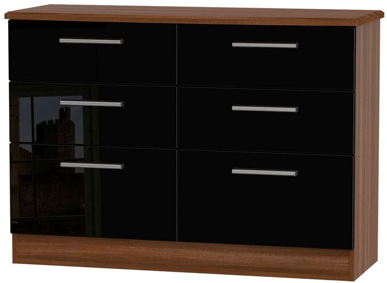Knightsbridge Black Gloss and Walnut Effect 6 Drawer Midi Chest