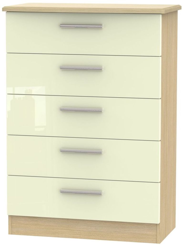 Knightsbridge Cream Gloss and Light Oak 5 Drawer Chest