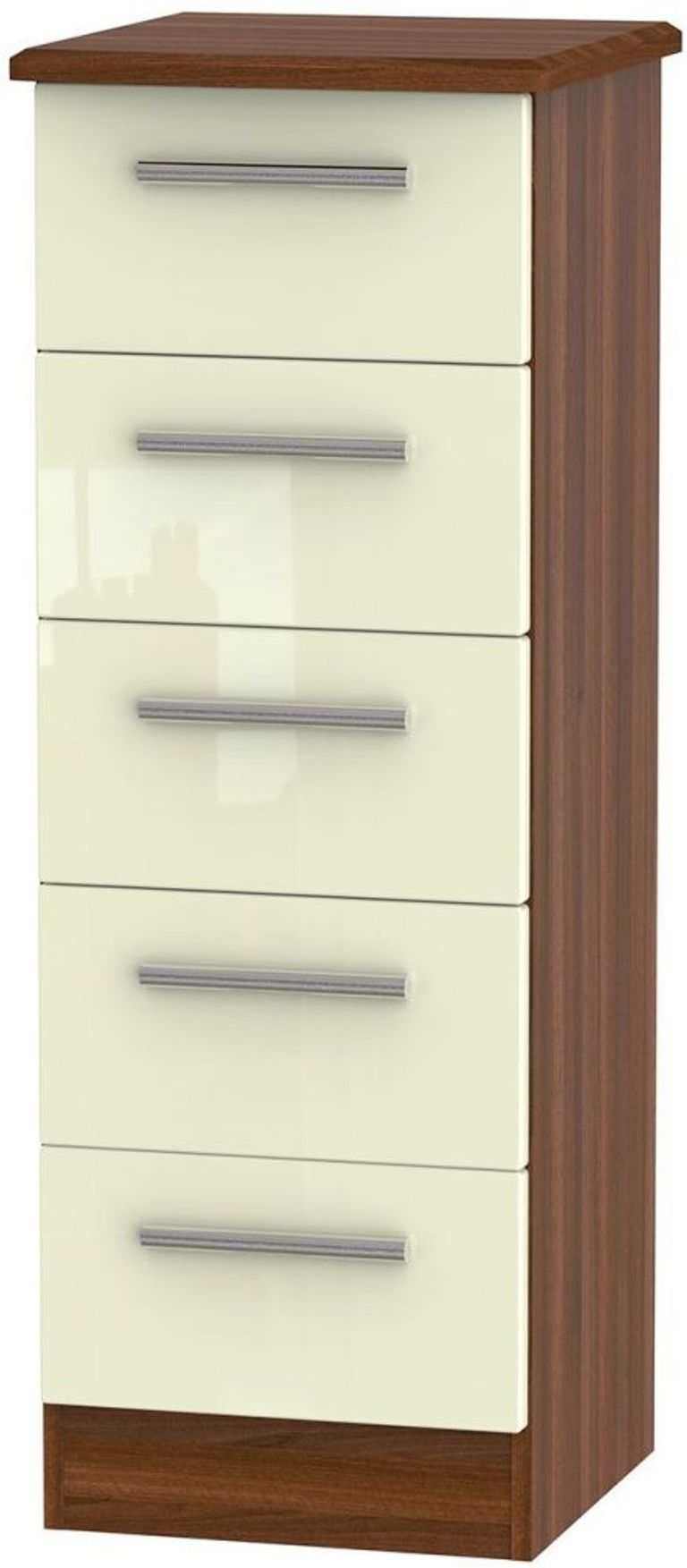 Knightsbridge Cream Gloss and Walnut Effect 5 Drawer Narrow Chest