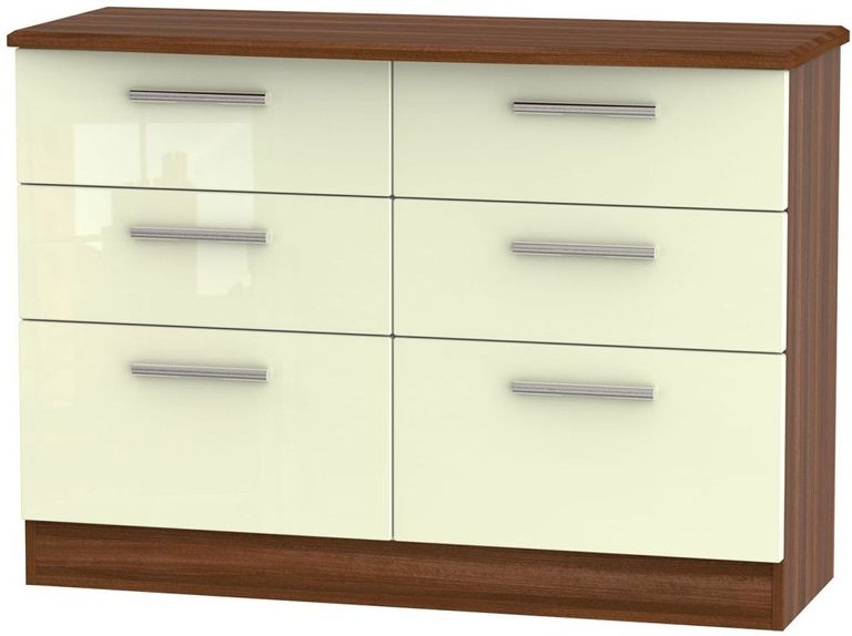Knightsbridge Cream Gloss and Walnut Effect 6 Drawer Midi Chest