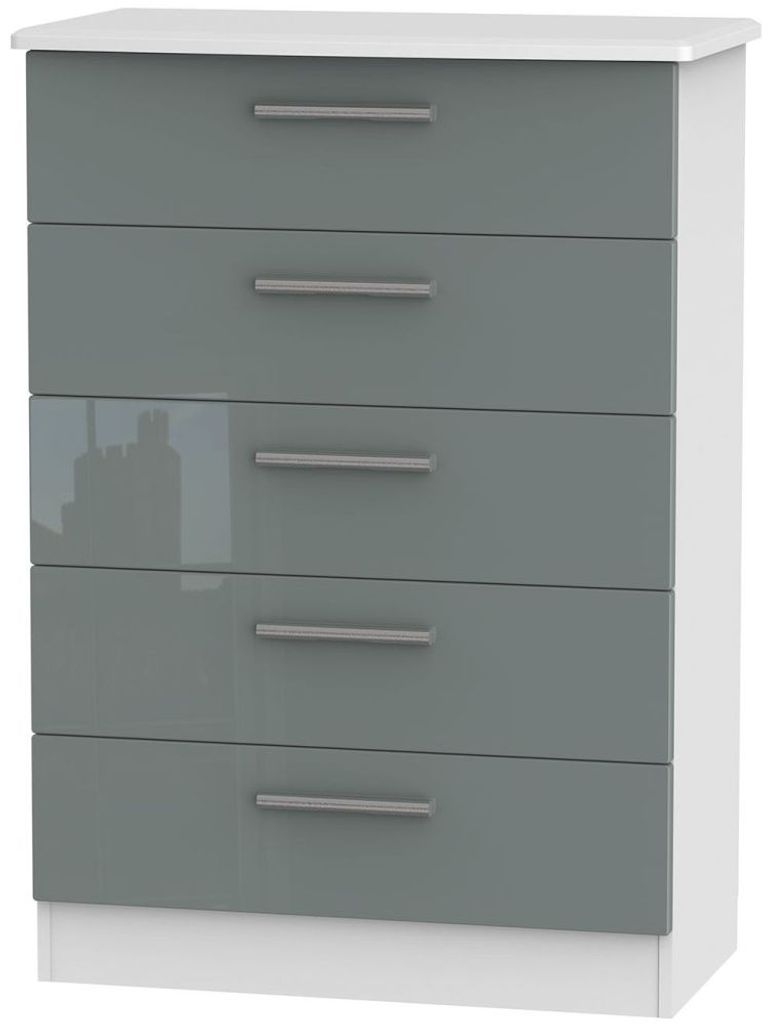 Knightsbridge Grey Gloss and White 5 Drawer Chest