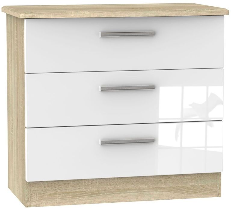 Knightsbridge White Gloss and Oak Effect 3 Drawer Small Chest