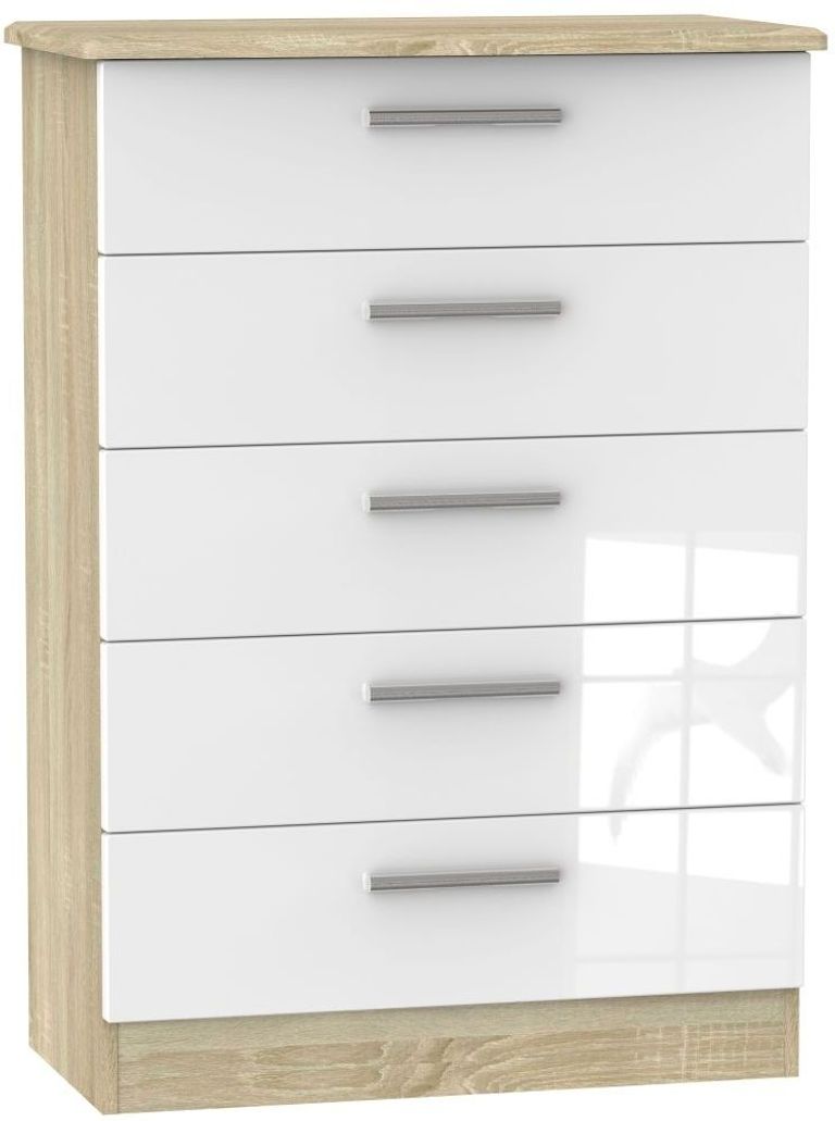 Knightsbridge White Gloss and Oak Effect 5 Drawer Chest