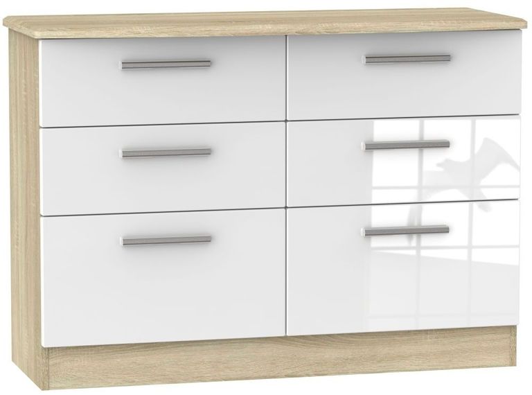 Knightsbridge White Gloss and Oak Effect 6 Drawer Midi Chest