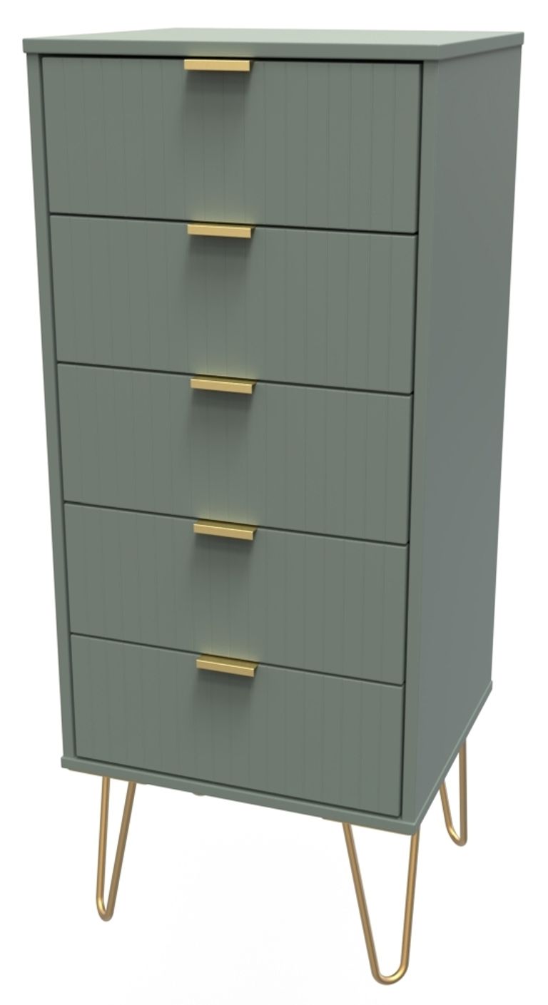 Linear Green 5 Drawer Narrow Chest with Gold Hairpin Legs