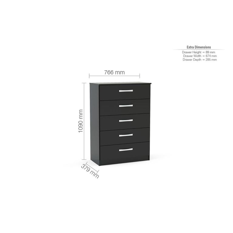 Lynx Chest - 5 Drawer - Black Gloss