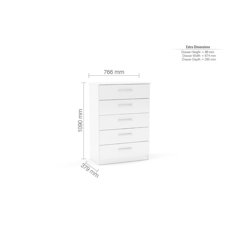 Lynx Chest - 5 Drawer - White Gloss