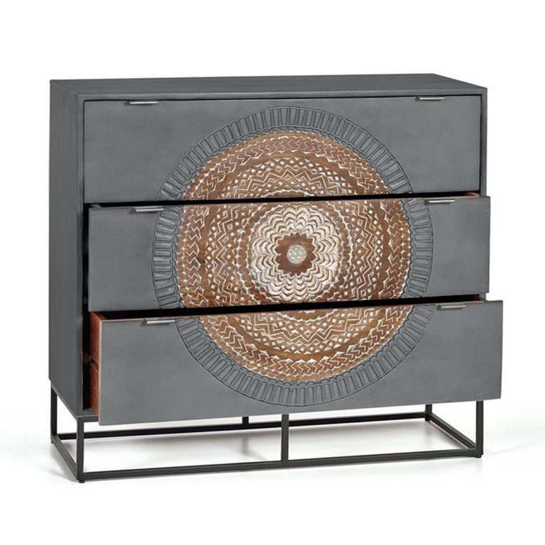 Lytton Chest - Grey Carved Mango Wood - 3 Drawer