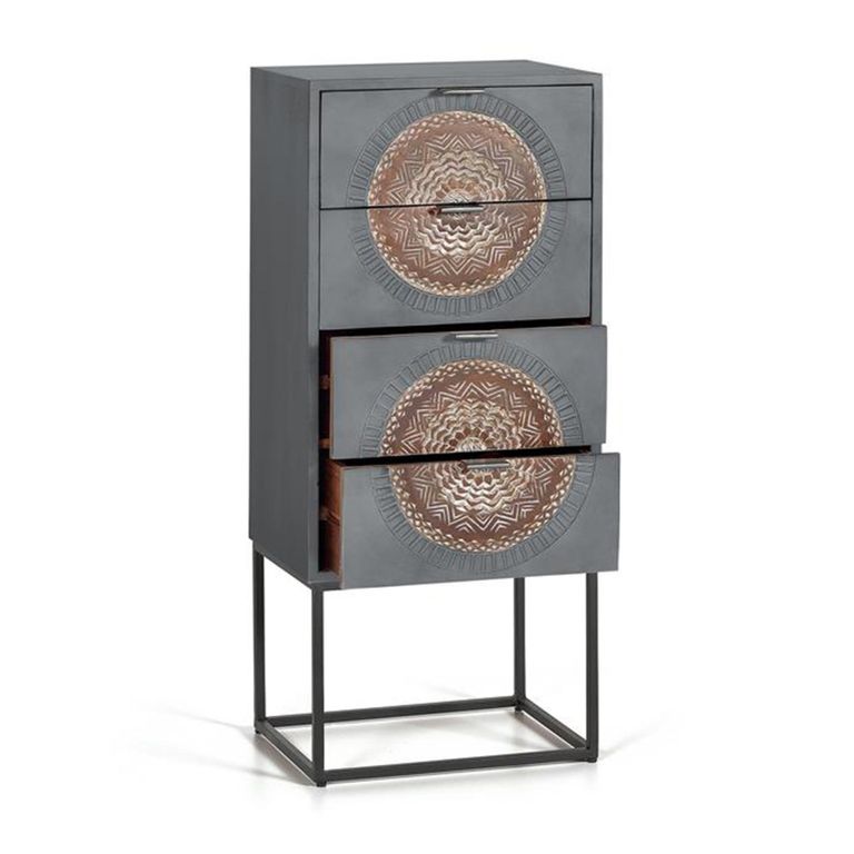 Lytton Tall Chest - Grey Carved Mango Wood - 4 Drawer