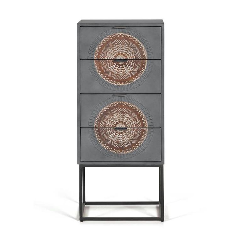 Lytton Tall Chest - Grey Carved Mango Wood - 4 Drawer