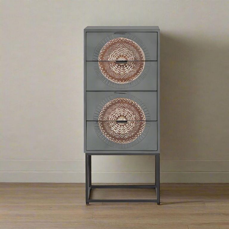 Lytton Tall Chest - Grey Carved Mango Wood - 4 Drawer