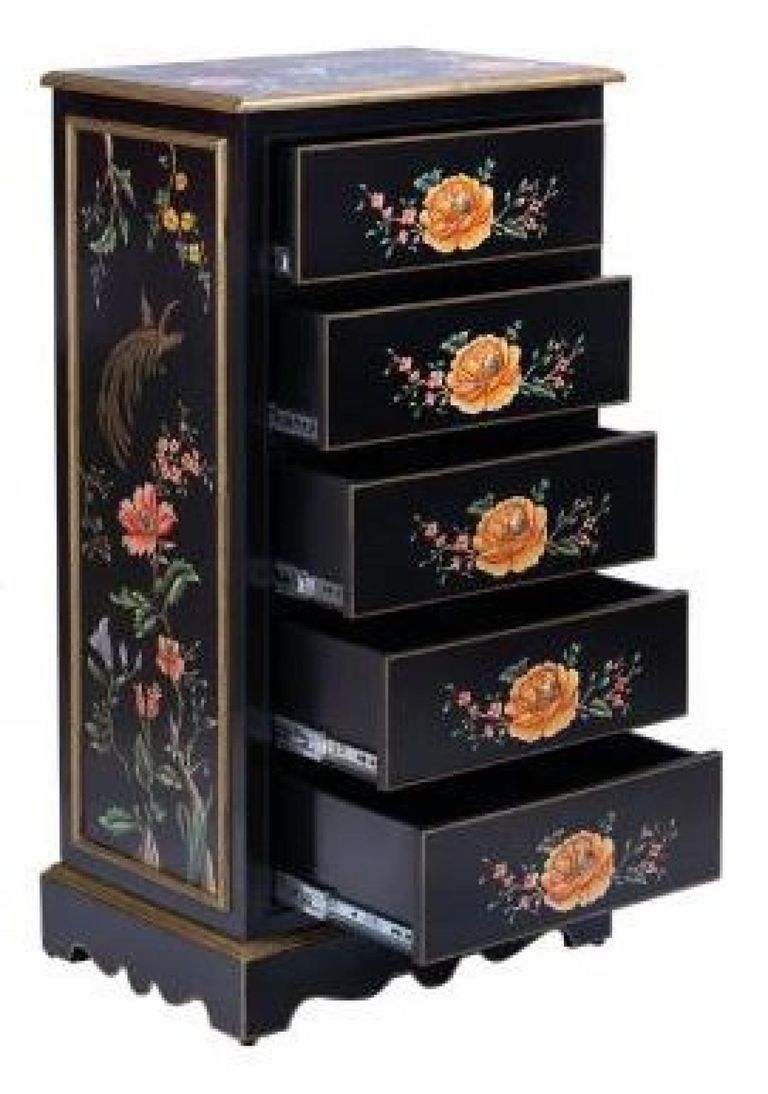 Meerut Black Lyre Bird Design 5 Drawer Tall Chest