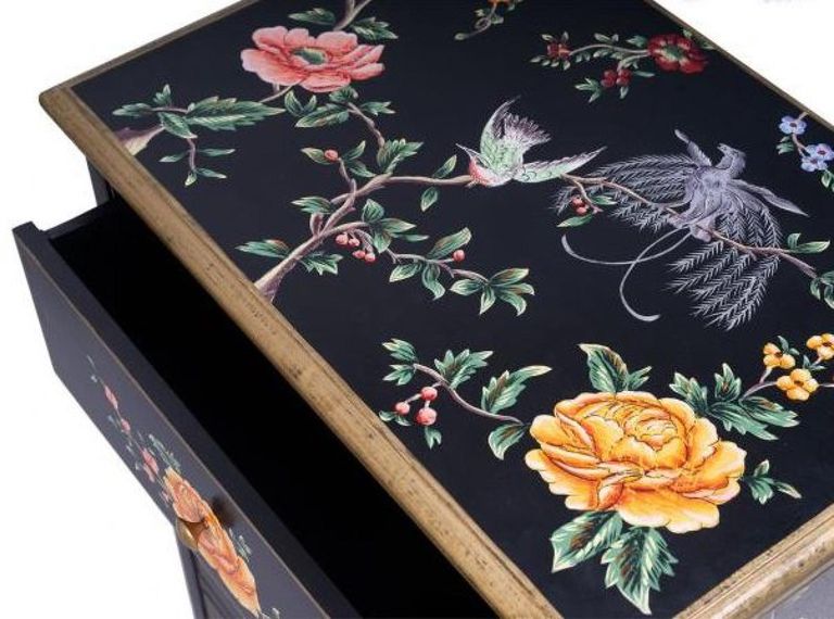 Meerut Black Lyre Bird Design 5 Drawer Tall Chest
