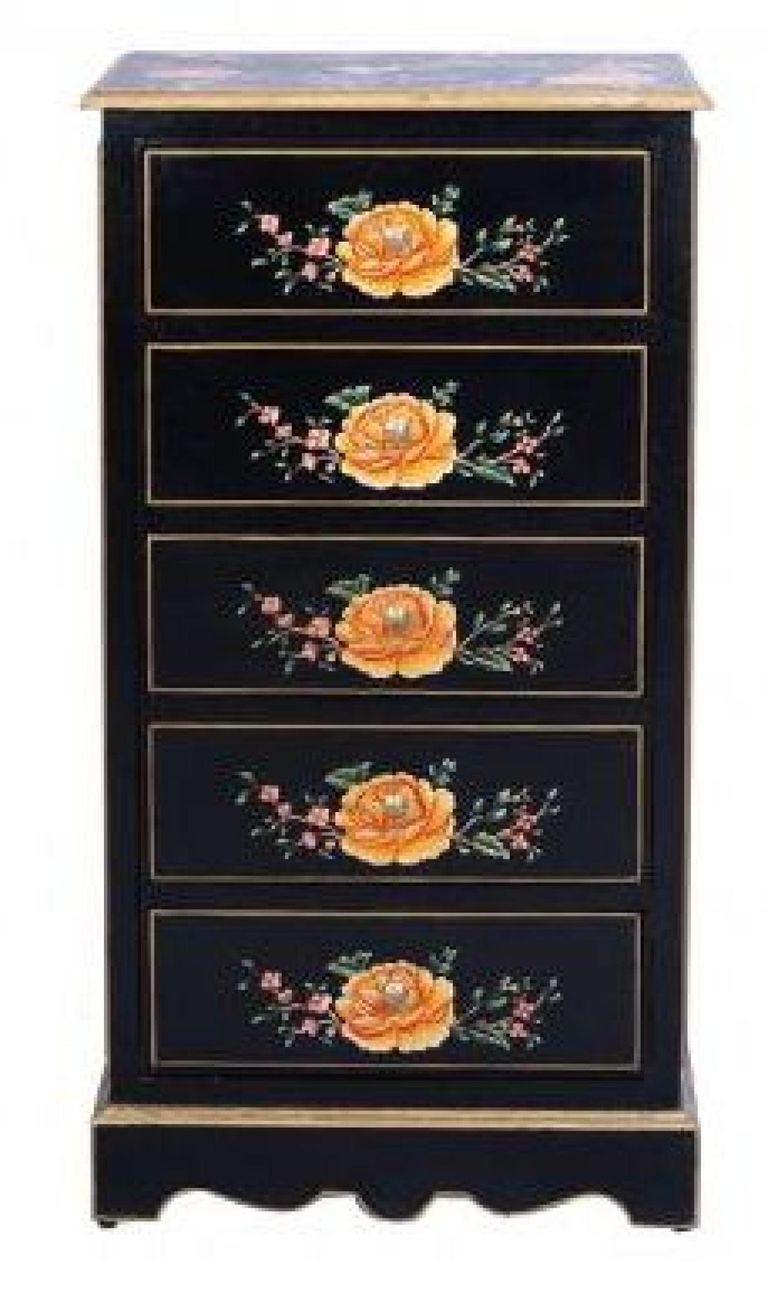 Meerut Black Lyre Bird Design 5 Drawer Tall Chest