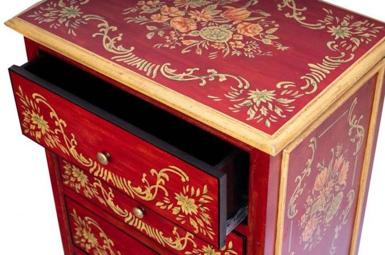 Meerut Red Floral Design 5 Drawer Tall Chest