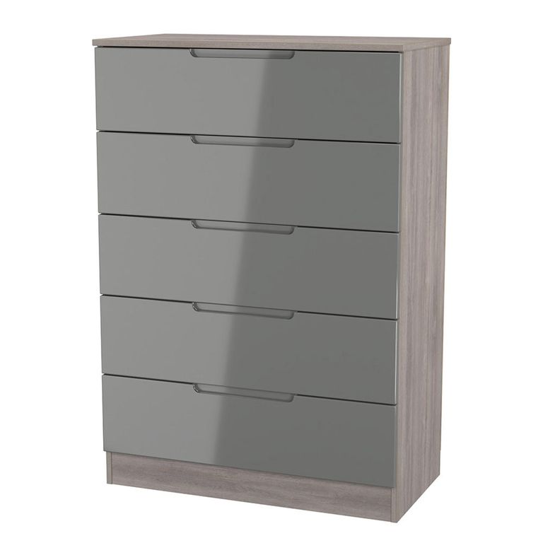 Milan Grey Gloss and Grey Oak 5 Drawer Chest