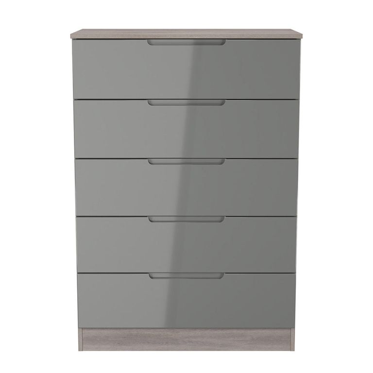 Milan Grey Gloss and Grey Oak 5 Drawer Chest