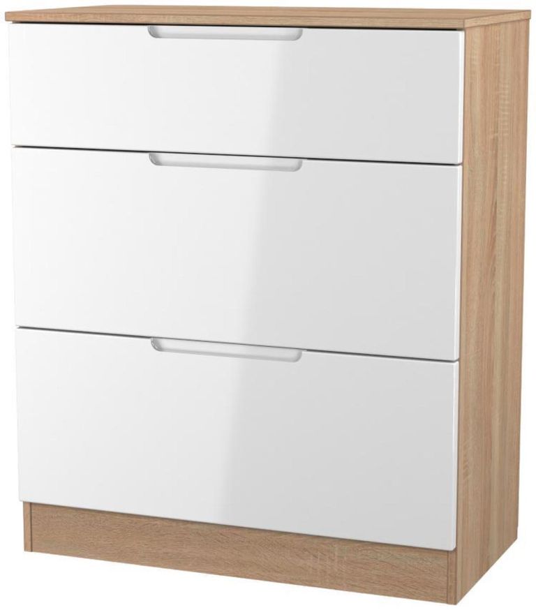 Milan White Gloss and Oak Effect 3 Drawer Deep Chest