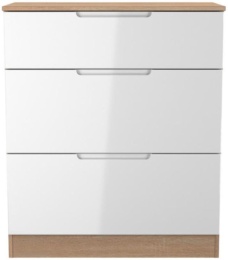 Milan White Gloss and Oak Effect 3 Drawer Deep Chest