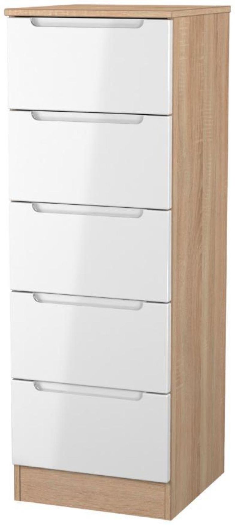 Milan White Gloss and Oak Effect 5 Drawer Narrow Chest