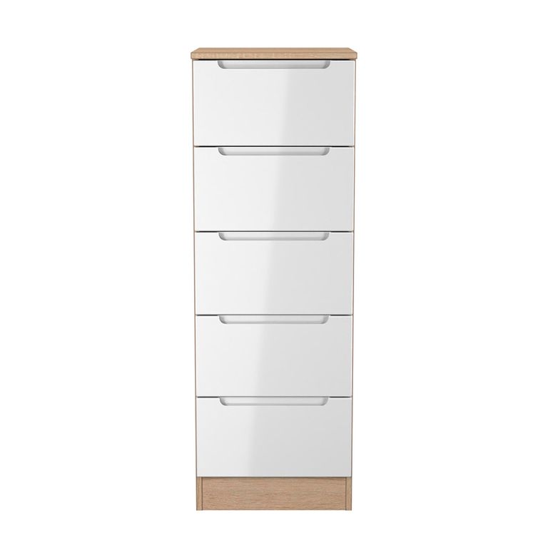 Milan White Gloss and Oak Effect 5 Drawer Narrow Chest