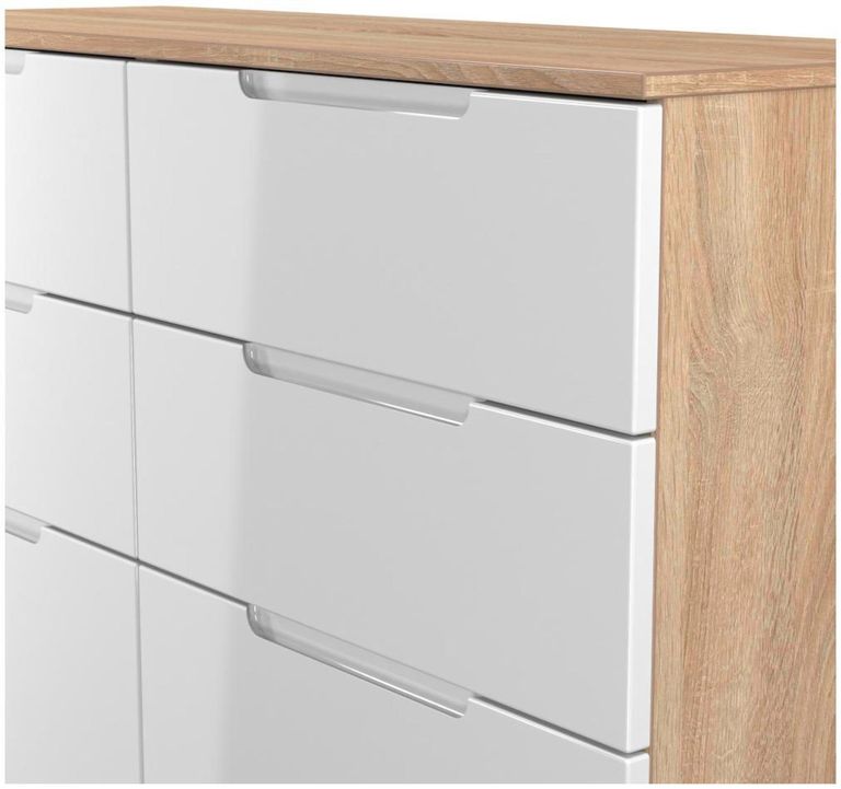 Milan White Gloss and Oak Effect 6 Drawer Midi Chest