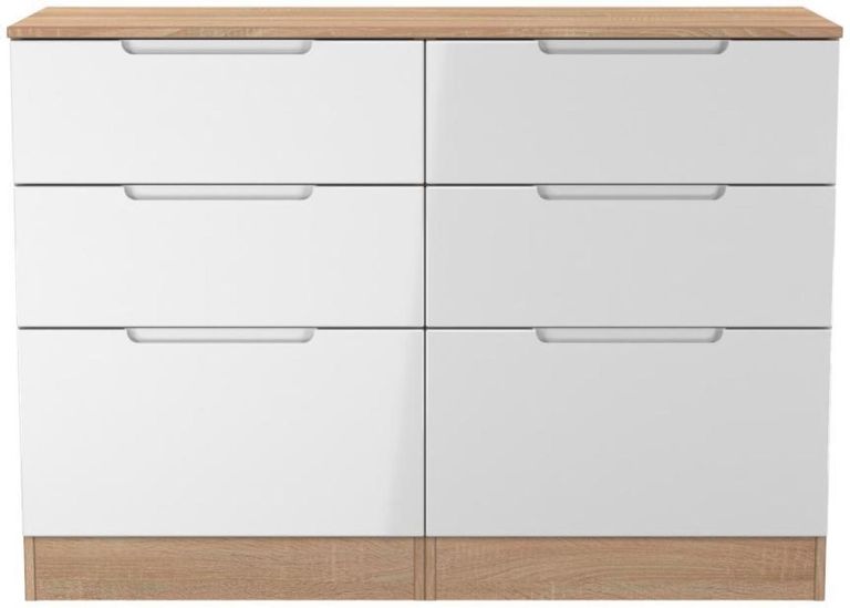 Milan White Gloss and Oak Effect 6 Drawer Midi Chest