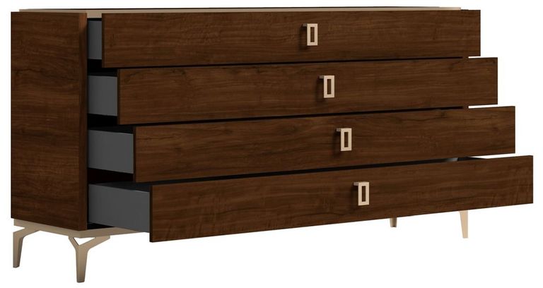 Modern Eva Dresser - 4 Drawer - Walnut with Gold Trim