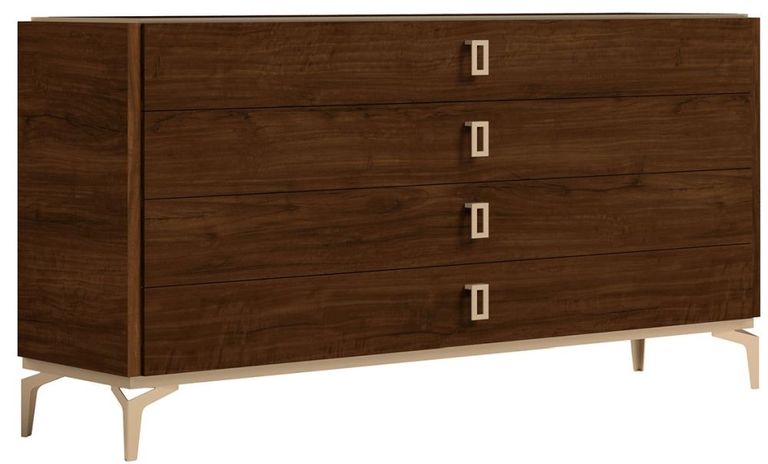 Modern Eva Dresser - 4 Drawer - Walnut with Gold Trim