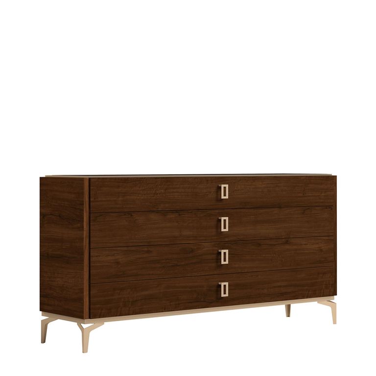 Modern Eva Dresser - 4 Drawer - Walnut with Gold Trim