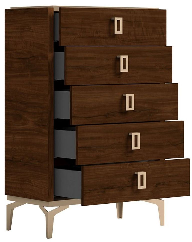 Modern Eva Tall Chest - 5 Drawer - Walnut with Gold Trim